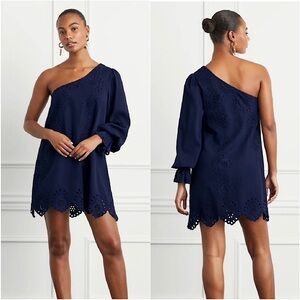 NWT HILL HOUSE 70s Linen Eyelet Embroidered 1 Shoulder Puff Long Sleeve Dress S